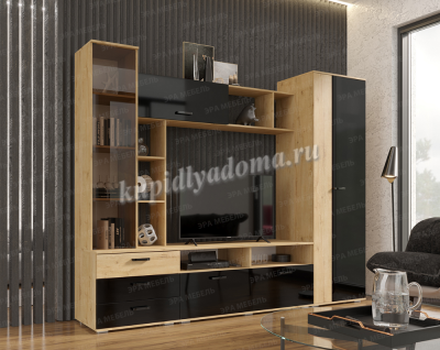 Гостиная Крокус (Дуб вотан/Черный глянец)